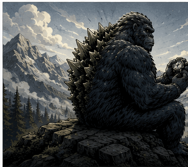Wristzilla seated on a mountain peak, studying a watch in his hand