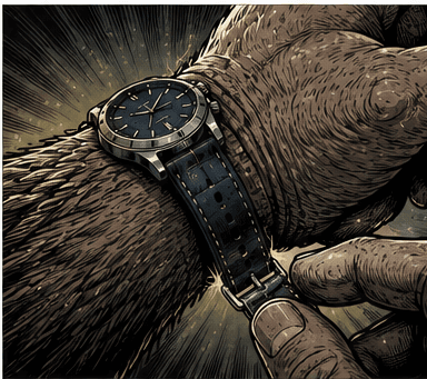 A watch on a massive wrist, its strap stretched to the very last hole